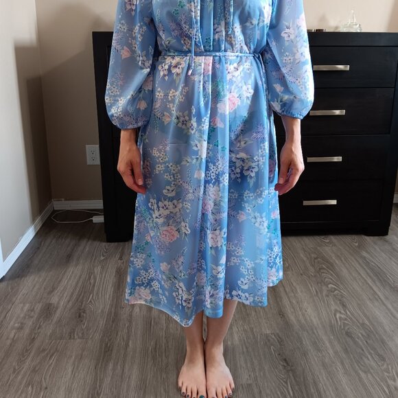 Vintage Sheer Blue Floral Dress Peter Pan Collar Button Up Neck Matching Belt - Picture 2 of 7